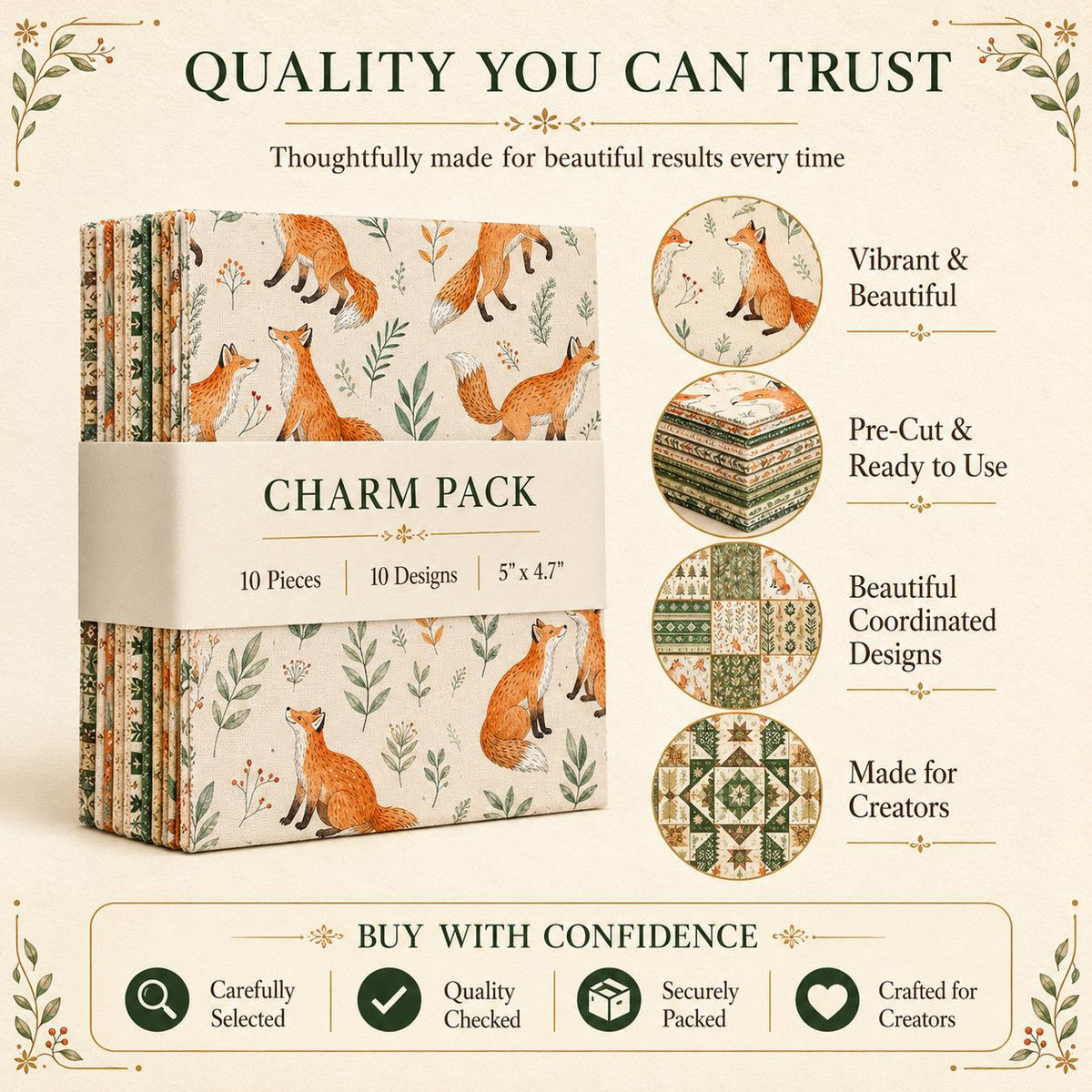 10pcs Charm Pack Set Floral Fox Pattern Vintage Style Handmade DIY with Rich Color and Texture Elements 100% Polyester Patchwork in 10 Design Styles Suitable for Patchwork DIY Craft Projects DIY Wallet Making Gift Giving Bag Making Mother's Day Gift