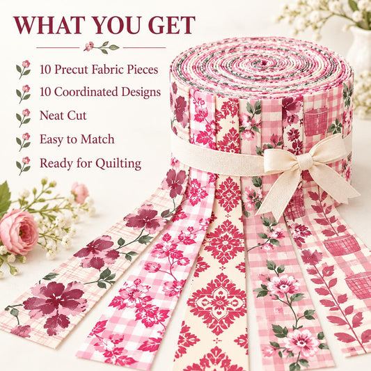 10pcs Vintage Pink Floral Pattern Jelly Roll Fabric Strips 2.5X19.7inch Pre-Cut 100% Polyester For Patchwork Quilts, Table Runners, Placemats, Tote Bags, Storage Pouches, Makeup Bags, Coasters, Quilt Blocks & Binding