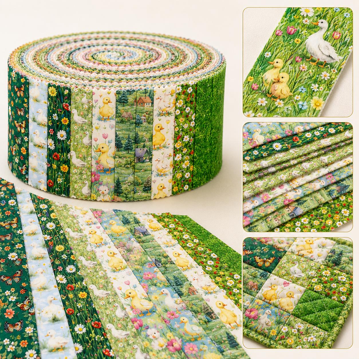 10pcs Vintage Duck Grass Jelly Roll Fabric Strips 2.5X19.7inch Pre-Cut 100% Polyester For Patchwork Quilts, Table Runners, Placemats, Tote Bags, Storage Pouches, Makeup Bags, Coasters, Quilt Blocks & Binding Birthday Gift