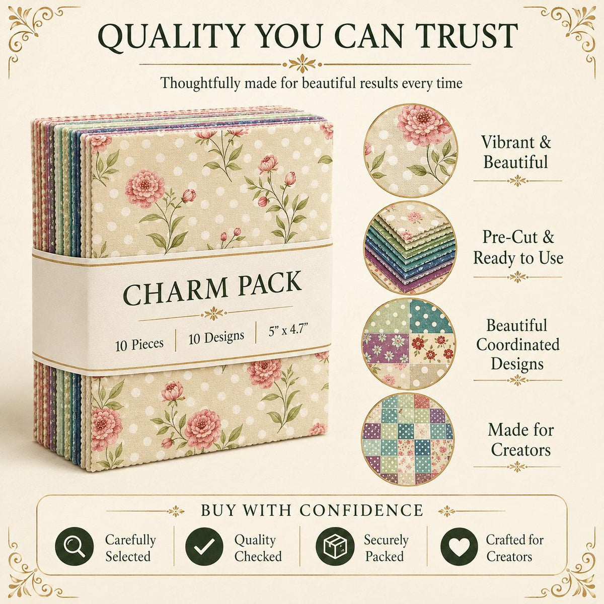 10pcs Charm Pack Set Floral Dot Pattern Vintage Style Handmade DIY with Rich Color and Texture Elements 100% Polyester Patchwork in 10 Design Styles Suitable for Patchwork DIY Craft Projects DIY Wallet Making Gift Giving Bag Making Mother's Day Gift