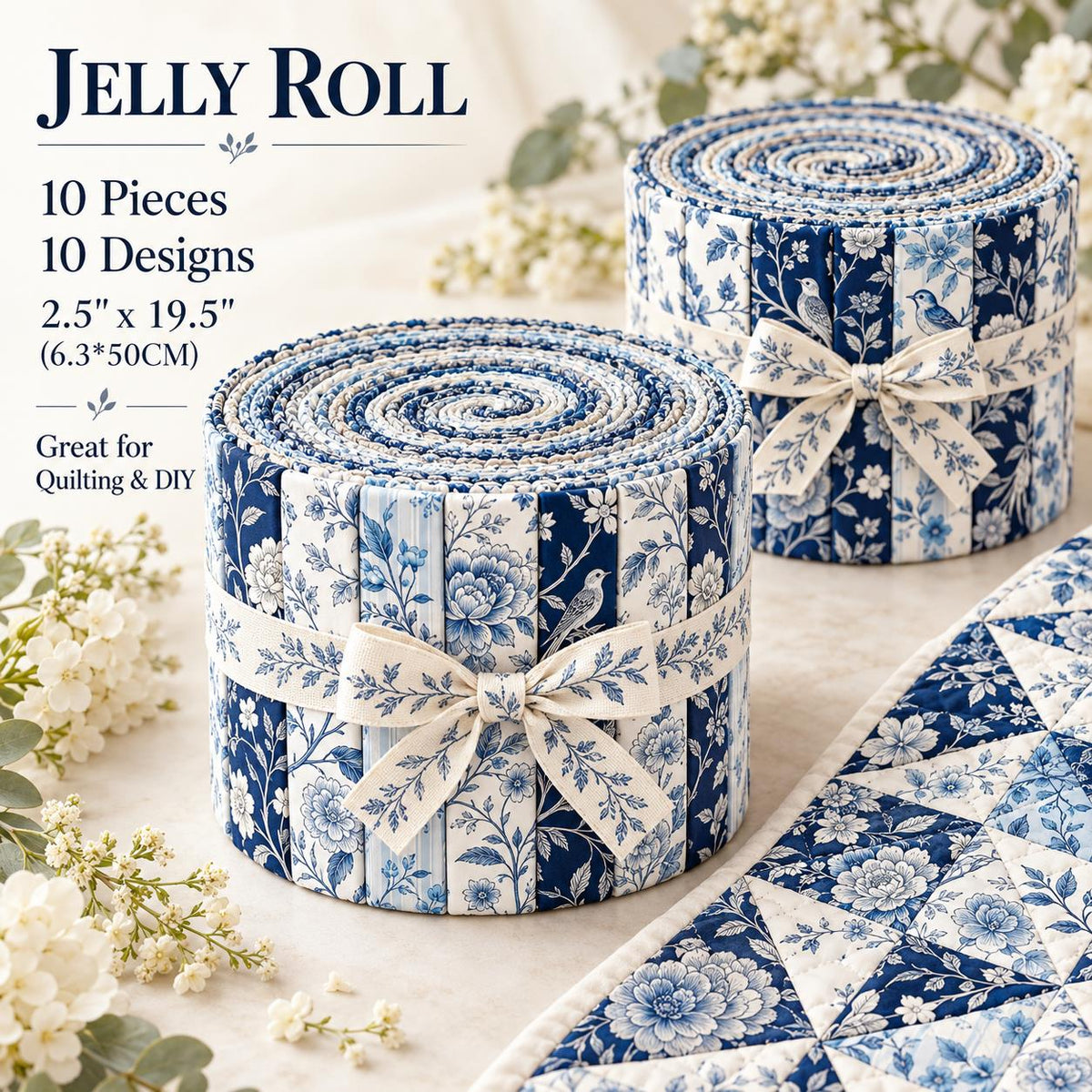 10pcs Vintage Blue Floral Pattern Jelly Roll Fabric Strips 2.5X19.7inch Pre-Cut 100% Polyester For Patchwork Quilts, Table Runners, Placemats, Tote Bags, Storage Pouches, Makeup Bags, Coasters, Quilt Blocks & Binding