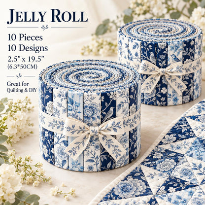 10pcs Vintage Blue Floral Pattern Jelly Roll Fabric Strips 2.5X19.7inch Pre-Cut 100% Polyester For Patchwork Quilts, Table Runners, Placemats, Tote Bags, Storage Pouches, Makeup Bags, Coasters, Quilt Blocks & Binding
