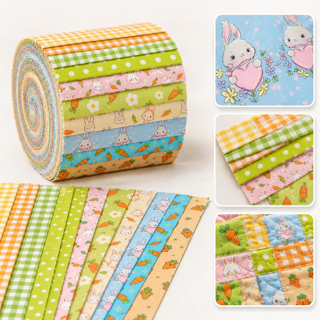 10pcs Vintage carrot Rabbit Bunny Pattern Jelly Roll Fabric Strips 2.5X19.7inch Pre-cut 100% Polyester for Patchwork Quilts, Table Runners, Placemats, Tote Bags, Storage Pouches, Makeup Bags, Coasters, Quilt Blocks & Binding