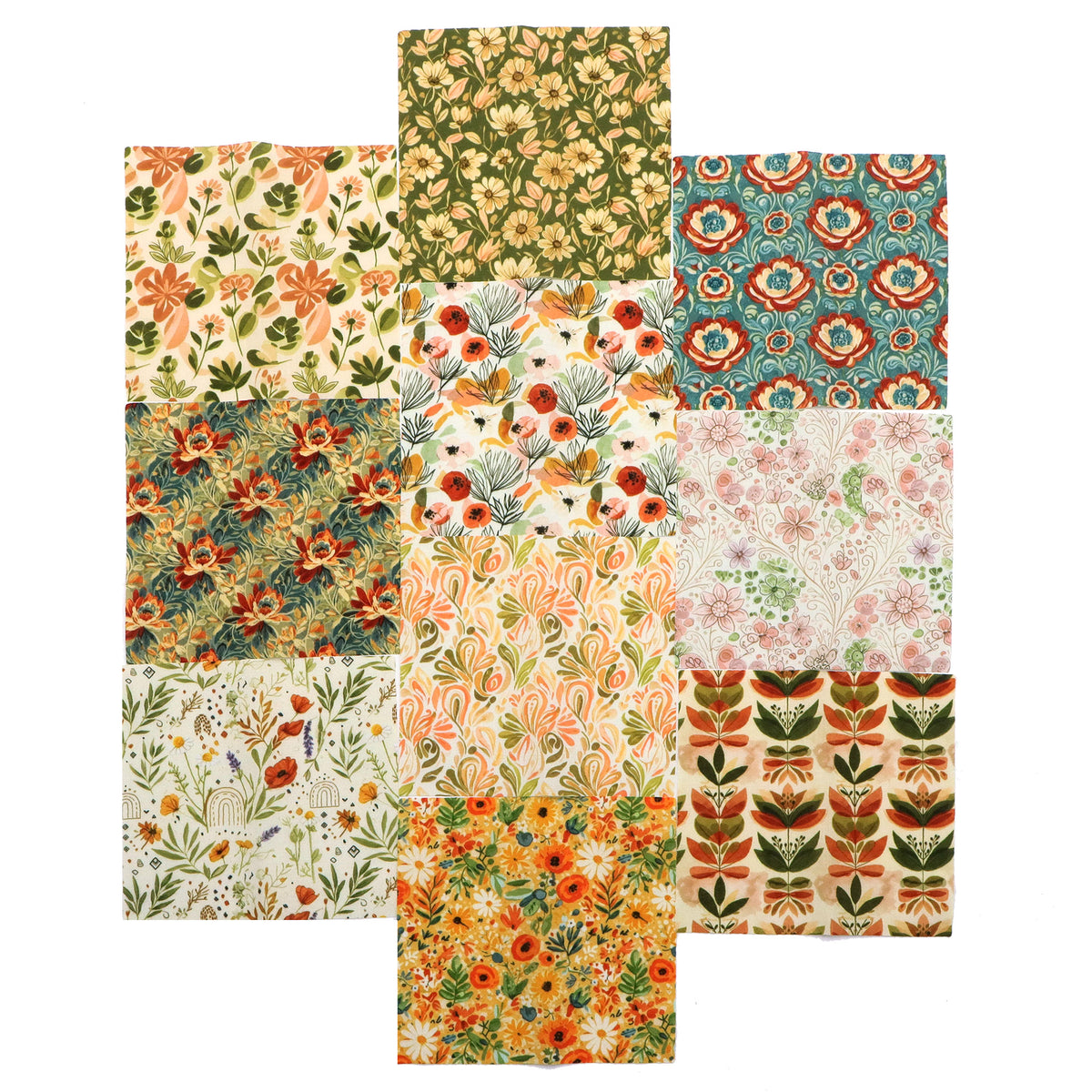10pcs Charm Pack Set Floral Pattern Vintage Style Handmade DIY with Rich Color and Texture Elements 100% Polyester Patchwork in 10 Design Styles Suitable for Patchwork DIY Craft Projects DIY Wallet Making Gift Giving Bag Making Mother's Day Gift