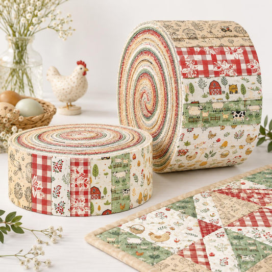 10pcs Vintage Animal Hen Egg Cow Farm Pattern Jelly Roll Fabric Strips 2.5X19.7inch Pre-Cut 100% Polyester For Patchwork Quilts, Table Runners, Placemats, Tote Bags, Storage Pouches, Makeup Bags, Coasters, Quilt Blocks & Binding