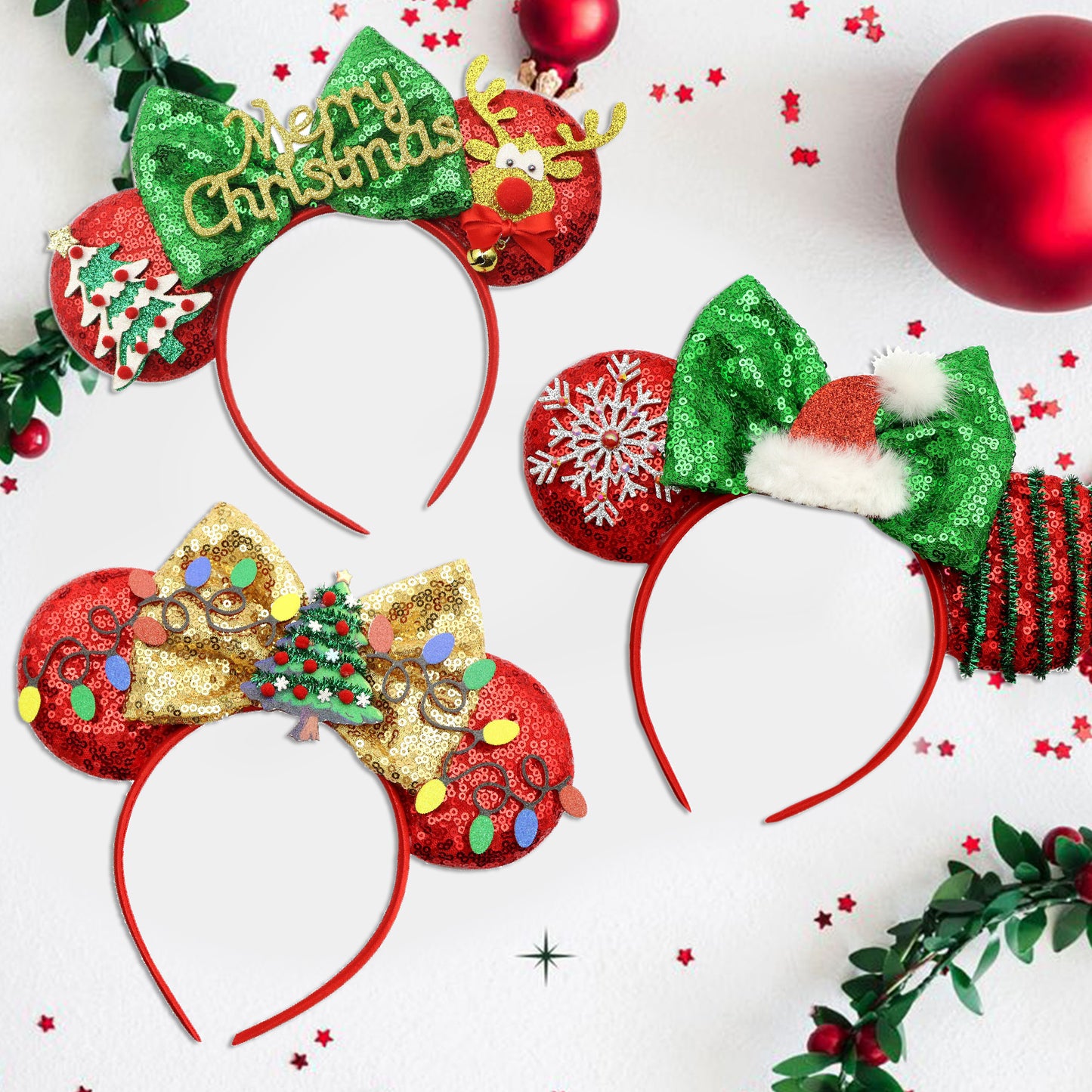 Adorable Christmas Festive Ears Sequined Headband with Bows--With box packaging