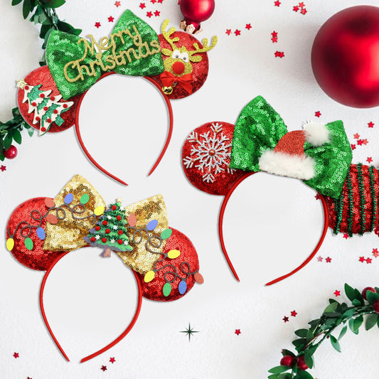 Adorable Christmas Festive Ears Sequined Headband with Bows--With box packaging