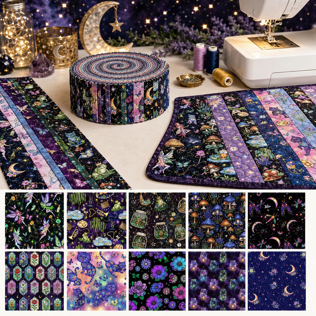 10pcs Vintage Moon Cat Bottle Night Pattern Jelly Roll Fabric Strips 2.5X19.7inch Pre-cut 100% Polyester for Patchwork Quilts, Table Runners, Placemats, Tote Bags, Storage Pouches, Makeup Bags, Coasters, Quilt Blocks & Binding Halloween Gift