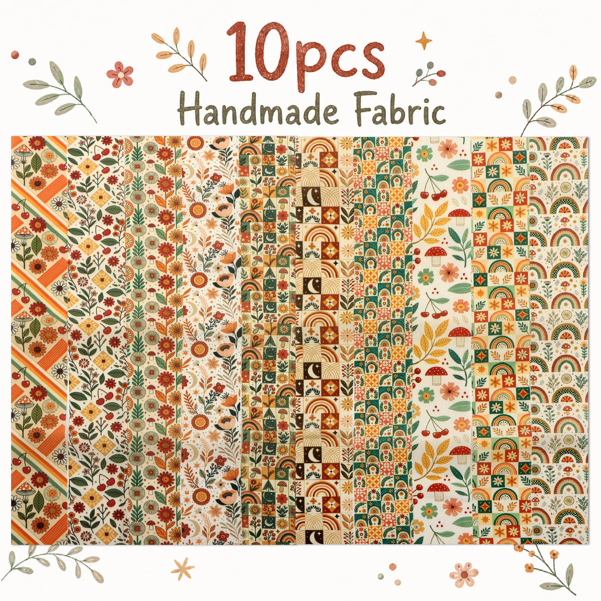 10pcs Vintage Plaid Pumpkin Floral Pattern Jelly Roll Fabric Strips 2.5X19.7inch Pre-Cut 100% Polyester For Patchwork Quilts, Table Runners, Placemats, Tote Bags, Storage Pouches, Makeup Bags, Coasters, Quilt Blocks & Binding