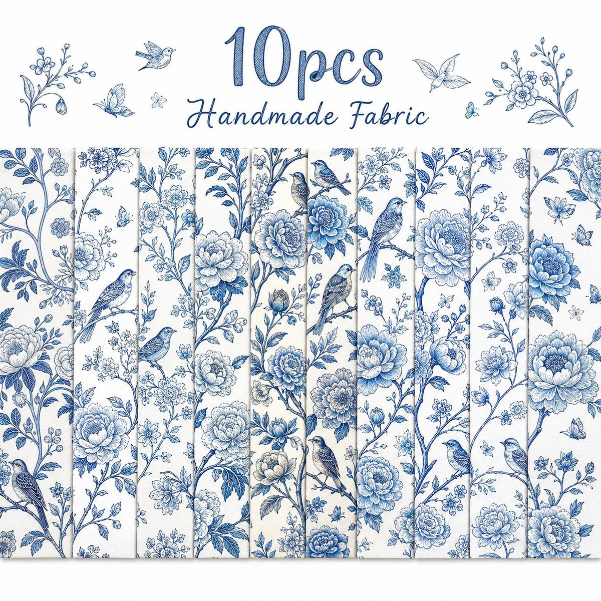 10pcs Vintage Blue Floral Pattern Jelly Roll Fabric Strips 2.5X19.7inch Pre-Cut 100% Polyester For Patchwork Quilts, Table Runners, Placemats, Tote Bags, Storage Pouches, Makeup Bags, Coasters, Quilt Blocks & Binding