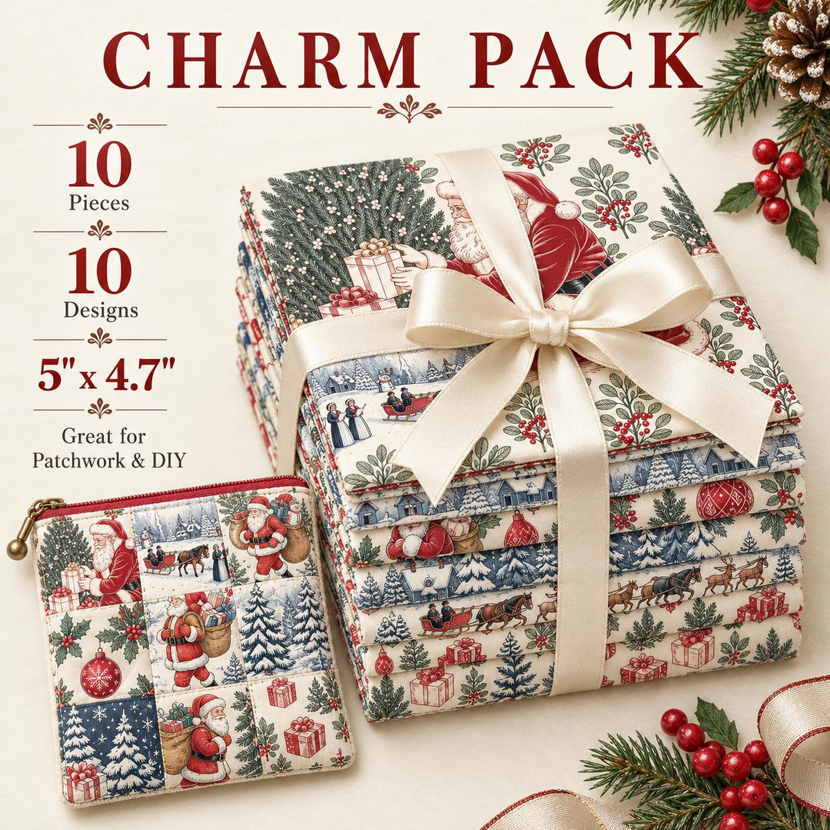 10Pc/Set Christmas Series Deer Tree Santa Claus Holly Gift Fat Quarter Fabric, Pre-Cut Square Fabric Assort, Fabric Set, Craft Fabric, Handmade DIY Patchwork Fabric,Home Quilting Sewing Fabric, Packaging Fabric, Scrapbooking Craft Hobbyist