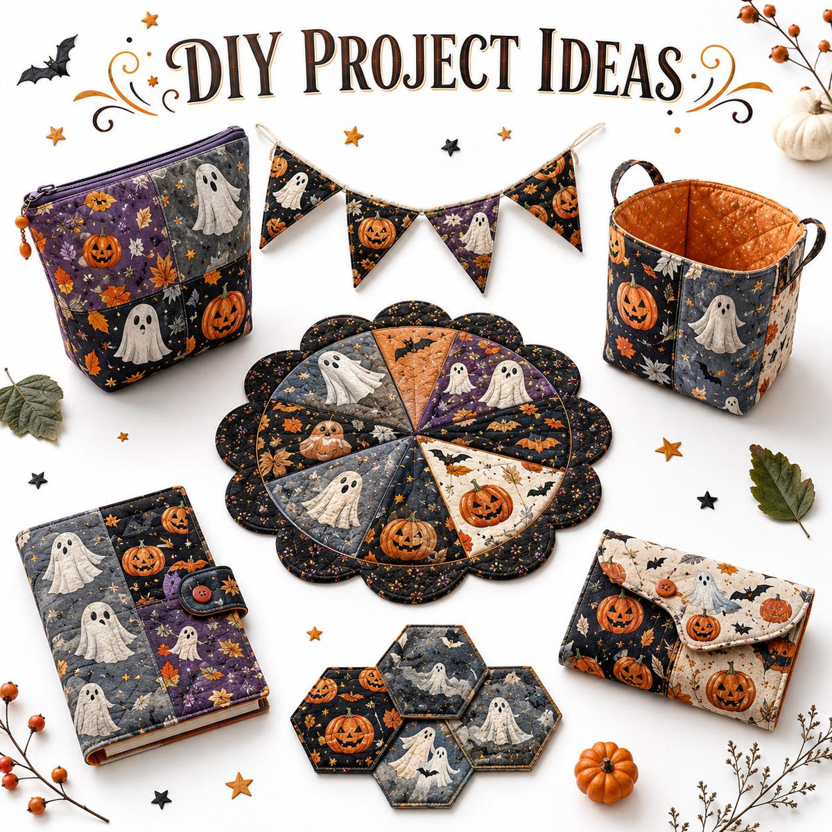 10pcs Charm Pack Set Ghost Pumpkin Halloween Vintage Style Pattern Handmade DIY with Rich Color and Texture Elements 100% Polyester Patchwork in 10 Design Styles Suitable for Patchwork DIY Craft Projects DIY Wallet Making Gift Giving Bag Making