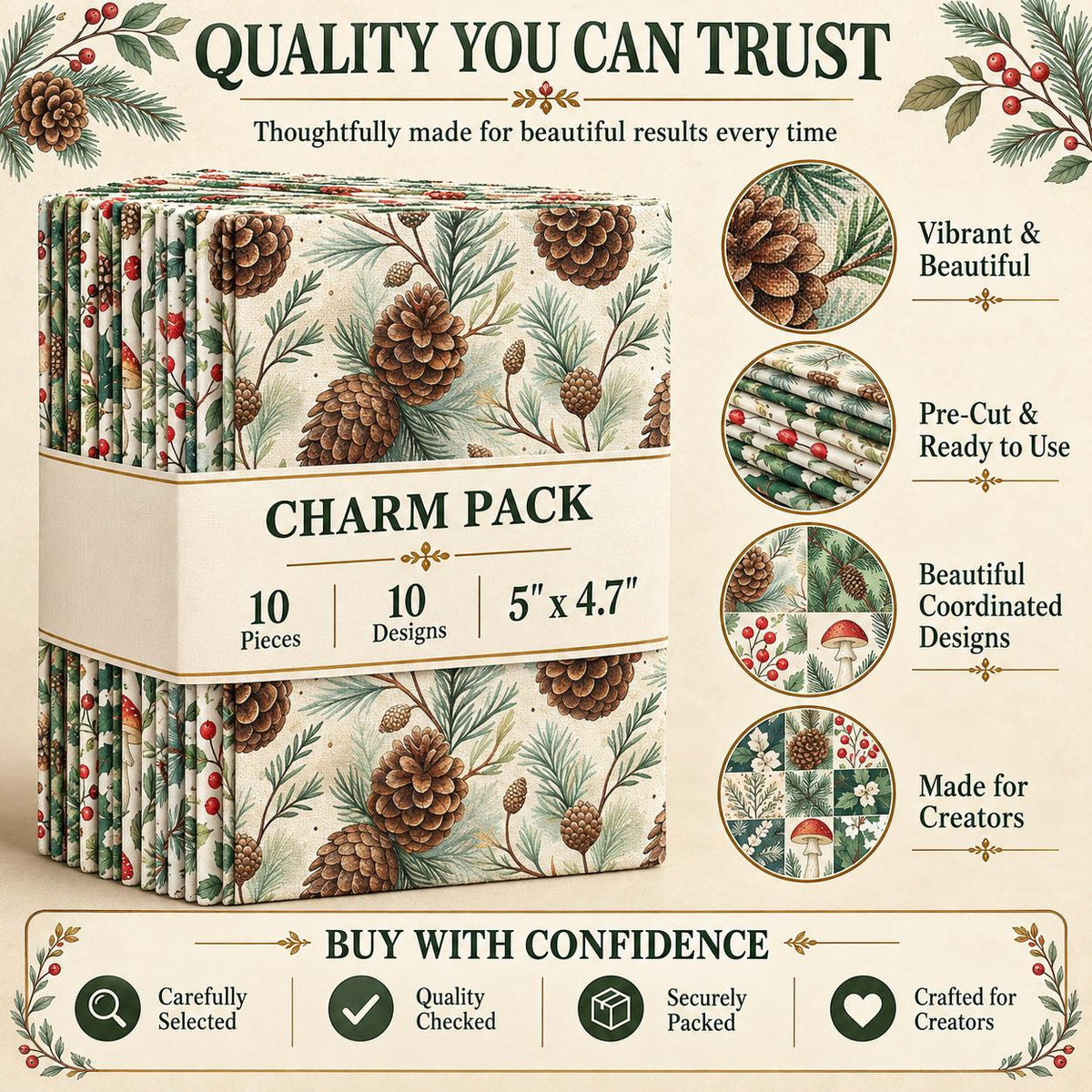 10Pc/Set Christmas Series Tree Mushroom Holly Pinecones Fat Quarter Fabric, Pre-Cut Square Fabric Assort, Fabric Set, Craft Fabric, Handmade DIY Patchwork Fabric,Home Quilting Sewing Fabric, Packaging Fabric, Scrapbooking Craft Hobbyist