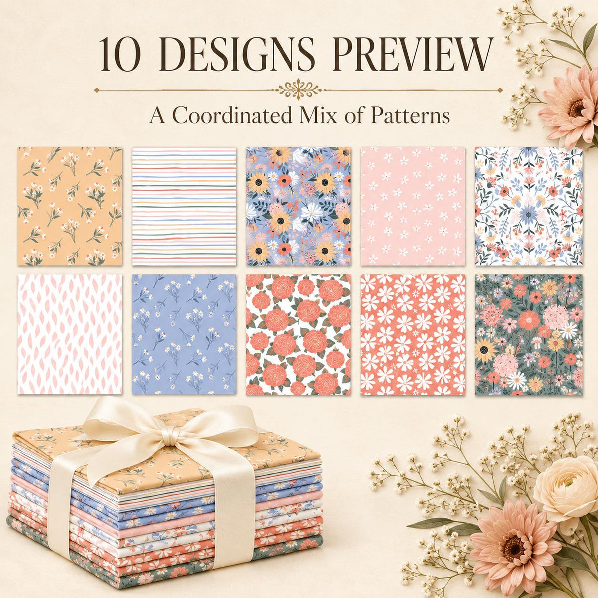 10pcs Charm Pack Set Floral Pattern Vintage Style Handmade DIY with Rich Color and Texture Elements 100% Polyester Patchwork in 10 Design Styles Suitable for Patchwork DIY Craft Projects DIY Wallet Making Gift Giving Bag Making Mother's Day Gift