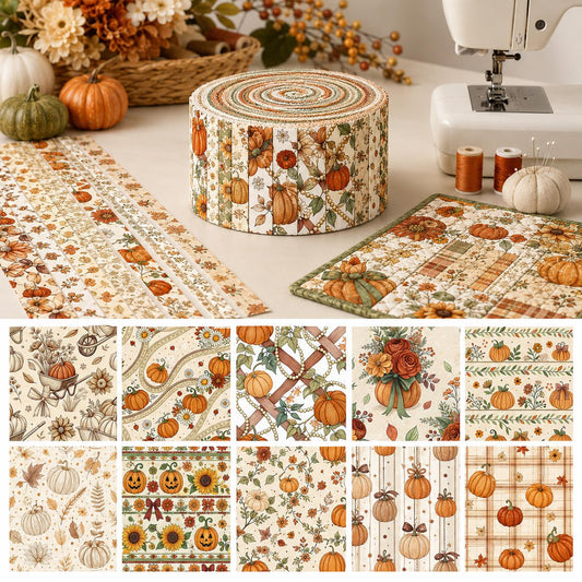 10pcs Vintage Pumpkin Autumn Theme Jelly Roll Fabric Strips 2.5X19.7inch Pre-Cut 100% Polyester For Patchwork Quilts, Table Runners, Placemats, Tote Bags, Storage Pouches, Makeup Bags, Coasters, Quilt Blocks & Binding