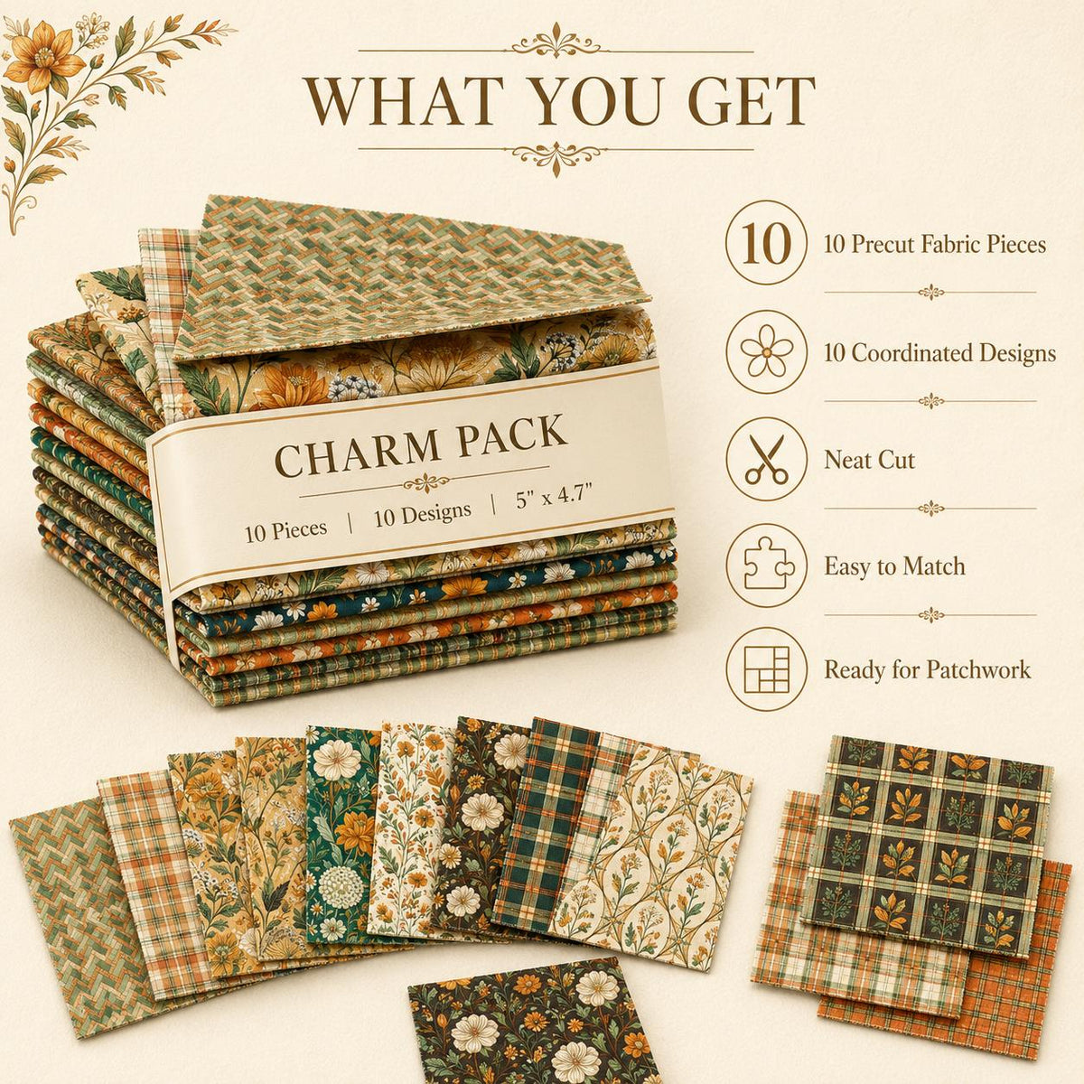 10pcs Charm Pack Set Floral Pattern Vintage Style Handmade DIY with Rich Color and Texture Elements 100% Polyester Patchwork in 10 Design Styles Suitable for Patchwork DIY Craft Projects DIY Wallet Making Gift Giving Bag Making Mother's Day Gift