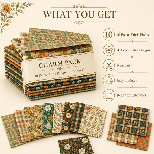 10pcs Charm Pack Set Floral Pattern Vintage Style Handmade DIY with Rich Color and Texture Elements 100% Polyester Patchwork in 10 Design Styles Suitable for Patchwork DIY Craft Projects DIY Wallet Making Gift Giving Bag Making Mother's Day Gift