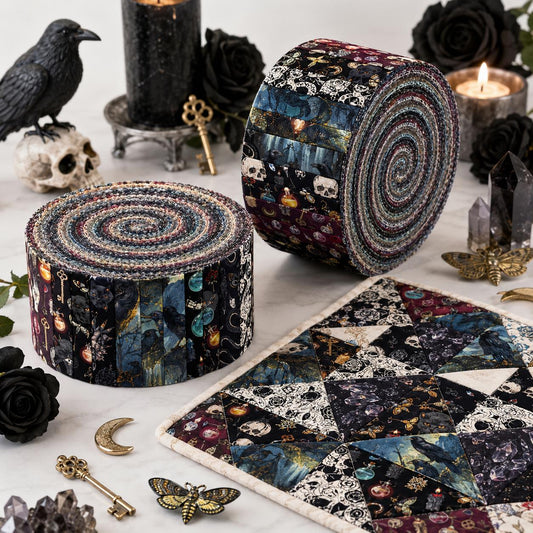 10pcs Vintage Skull Black Halloween Theme Jelly Roll Fabric Strips 2.5X19.7inch Pre-Cut 100% Cotton For Patchwork Quilts, Table Runners, Placemats, Tote Bags, Storage Pouches, Makeup Bags, Coasters, Quilt Blocks & Binding