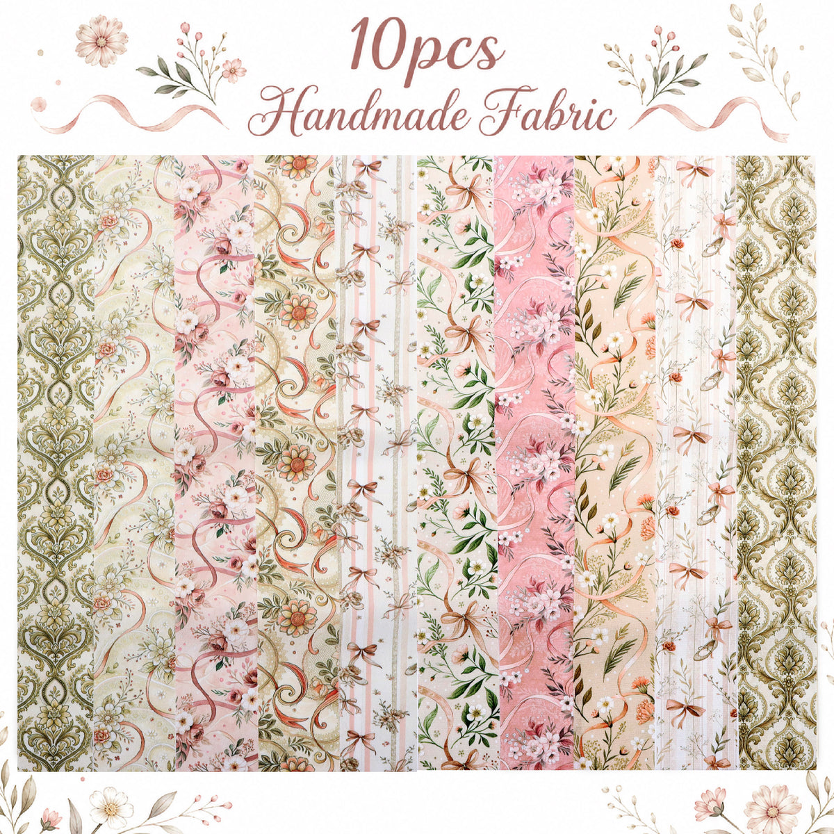 10pcs Vintage Floral Pattern Jelly Roll Fabric Strips 2.5X19.7inch Pre-Cut 100% Polyester For Patchwork Quilts, Table Runners, Placemats, Tote Bags, Storage Pouches, Makeup Bags, Coasters, Quilt Blocks & Binding