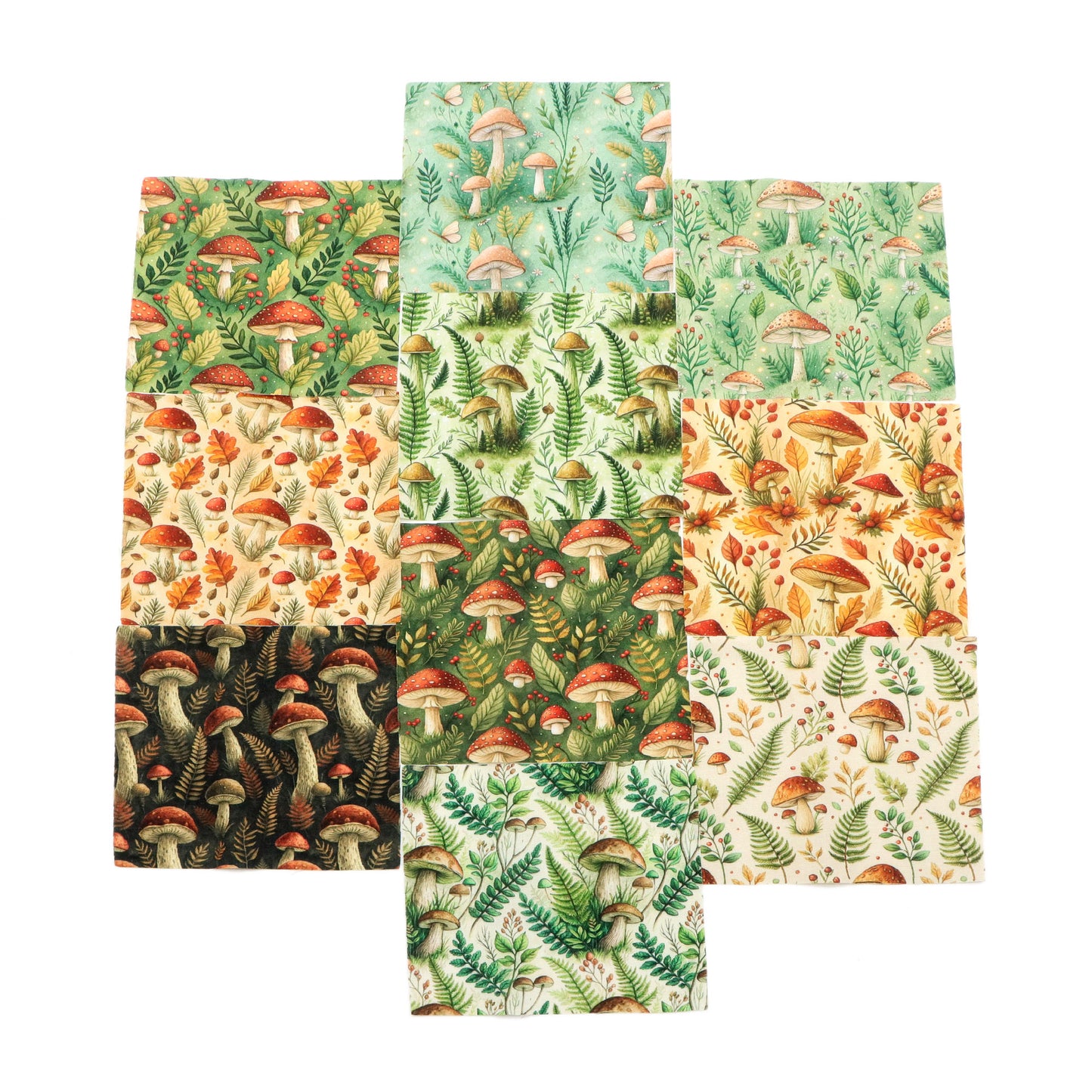 10pcs Charm Pack Set Mushroom Pattern Vintage Style Pattern Handmade DIY with Rich Color and Texture Elements 100% Polyester Patchwork in 10 Design Styles Suitable for Patchwork DIY Craft Projects DIY Wallet Making Gift Giving Bag Making