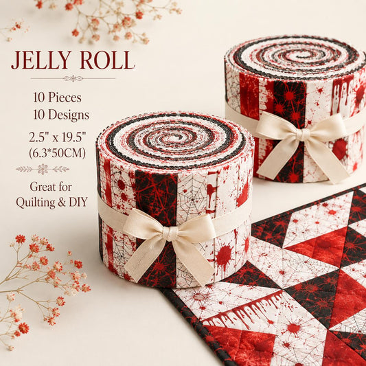 10pcs Vintage Blood Halloween Theme Jelly Roll Fabric Strips 2.5X19.7inch Pre-Cut 100% Polyester For Patchwork Quilts, Table Runners, Placemats, Tote Bags, Storage Pouches, Makeup Bags, Coasters, Quilt Blocks & Binding