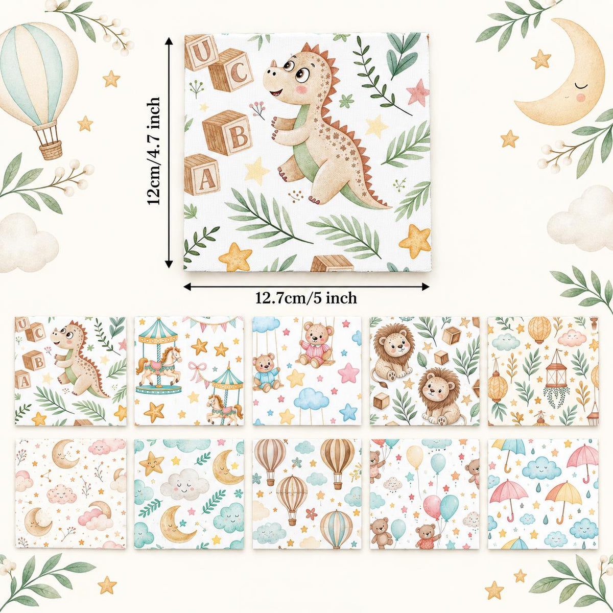 10Pc/Set Animal Series Dinosaurs Lions Bear Moon Umbrella Balloon Cloud Fat Quarter Fabric, Pre-Cut Square Fabric Assort, Fabric Set, Craft Fabric, Handmade DIY Patchwork Fabric,Home Quilting Sewing Fabric, Packaging Fabric, Scrapbooking Craft Hobbyist
