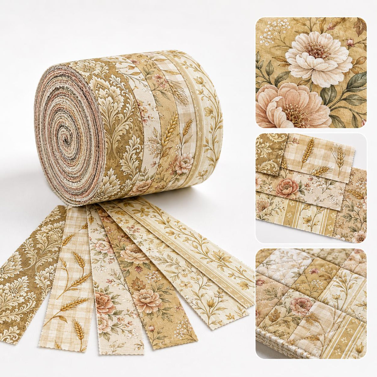 10pcs Vintage Floral Ear Of Wheat Autumn Pattern Jelly Roll Fabric Strips 2.5X19.7inch Pre-Cut 100% Polyester For Patchwork Quilts, Table Runners, Placemats, Tote Bags, Storage Pouches, Makeup Bags, Coasters, Quilt Blocks & Binding