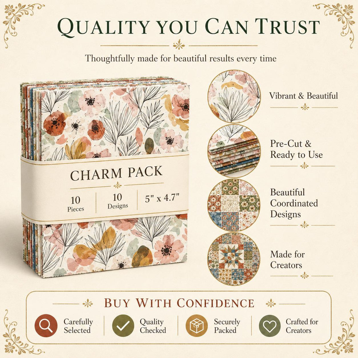 10pcs Charm Pack Set Floral Pattern Vintage Style Handmade DIY with Rich Color and Texture Elements 100% Polyester Patchwork in 10 Design Styles Suitable for Patchwork DIY Craft Projects DIY Wallet Making Gift Giving Bag Making Mother's Day Gift