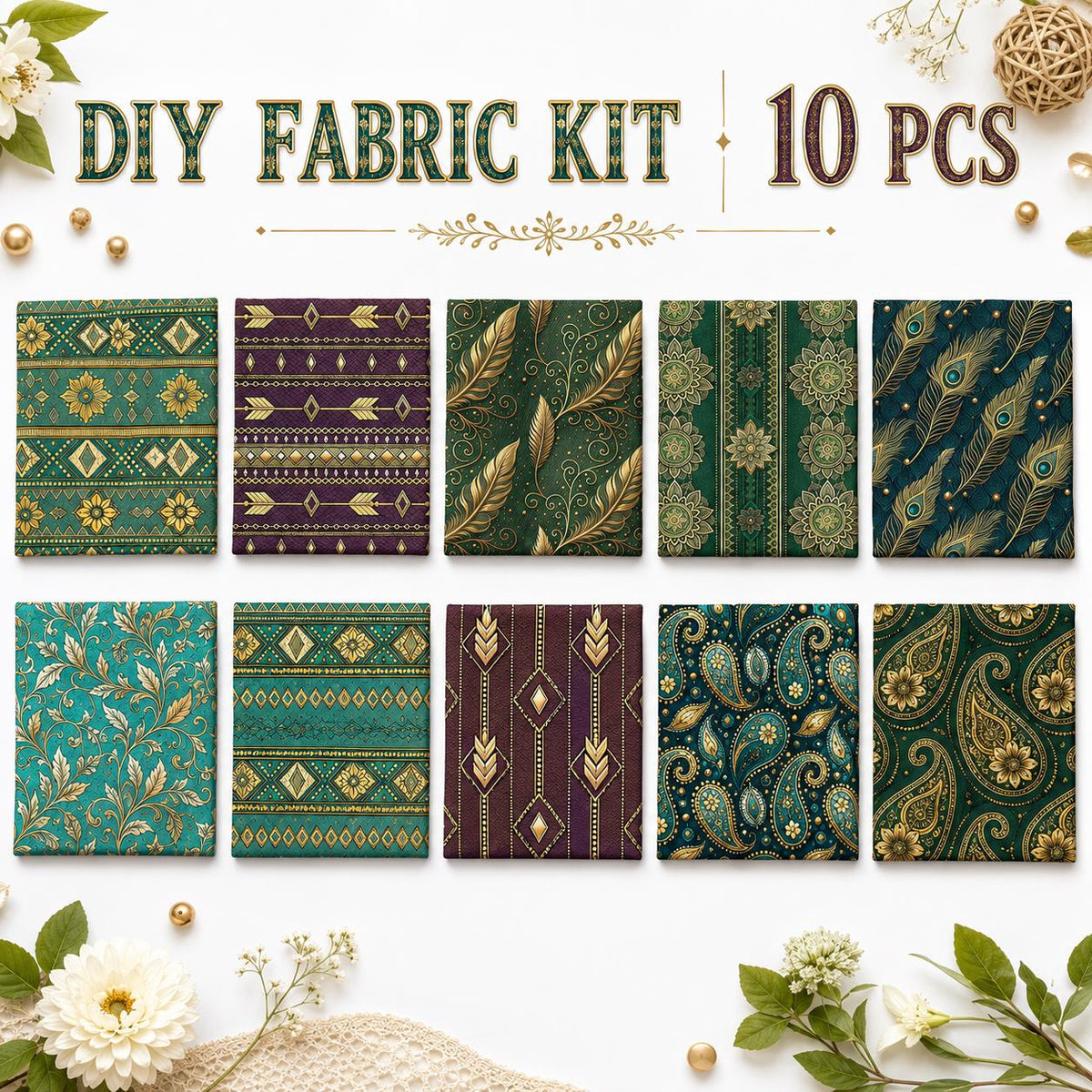 10Pc/Set Flower Series Stripe Feather Peacock Pattern Fat Quarter Fabric, Pre-Cut Square Fabric Assort, Fabric Set, Craft Fabric, Handmade DIY Patchwork Fabric,Home Quilting Sewing Fabric, Packaging Fabric, Scrapbooking Craft Hobbyist