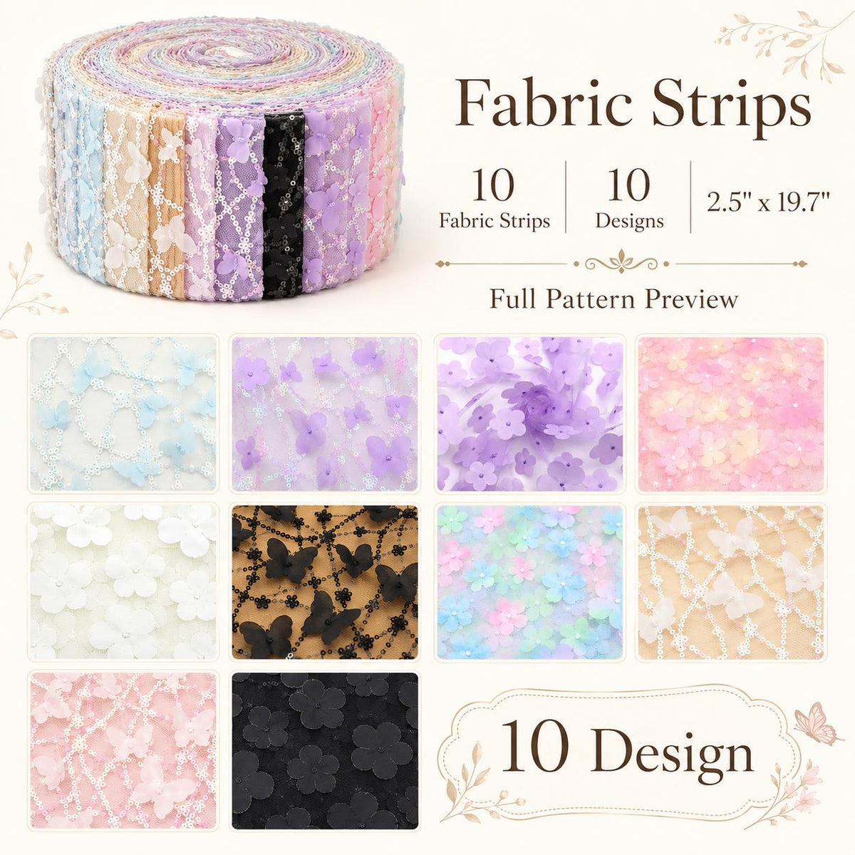 10Pc/Set, Making 10 Images 1pc Each, Each Size: 6.3*50cm Floral Butterfly Mesh Gauze Lace Series Sliced Fabric Set Style Combination, Polyester Jelly Roll Fabric Strips, Pre-Cut Quilting Squares, For Quilting DIY, Handicrafts And Sewing, Blankets, Rugs, I