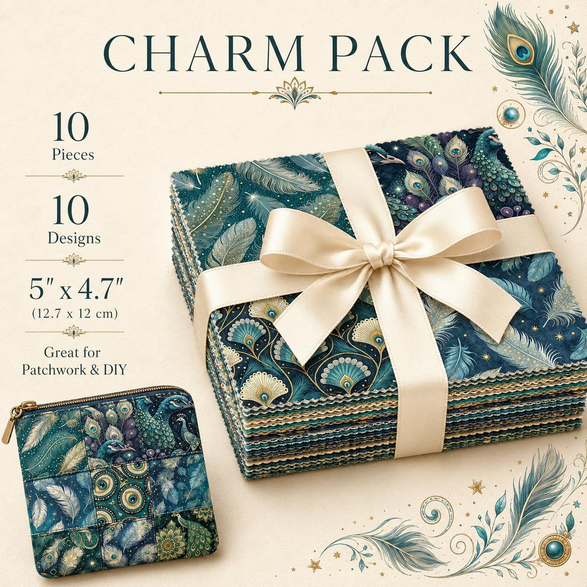 10pcs Charm Pack Set Peacock Feathers VIntage Style Pattern HAndmade DIY With Rich Color and Texture Elements 100% Polyester Patchwork in 10 Design Styles Suitable For Patchwork DIY Craft Projects DIY Wallet Making Gift Giving Bag Making Mother's Day Gift