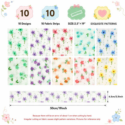 10Pc/Set, Making 10 Images 1pc Each, Each Size: 6.3*50cm Floral Chiffon Series Sliced Fabric Set Style Combination, Polyester Jelly Roll Fabric Strips, Pre-Cut Quilting Squares, For Quilting DIY, Handicrafts And Sewing, Blankets, Rugs