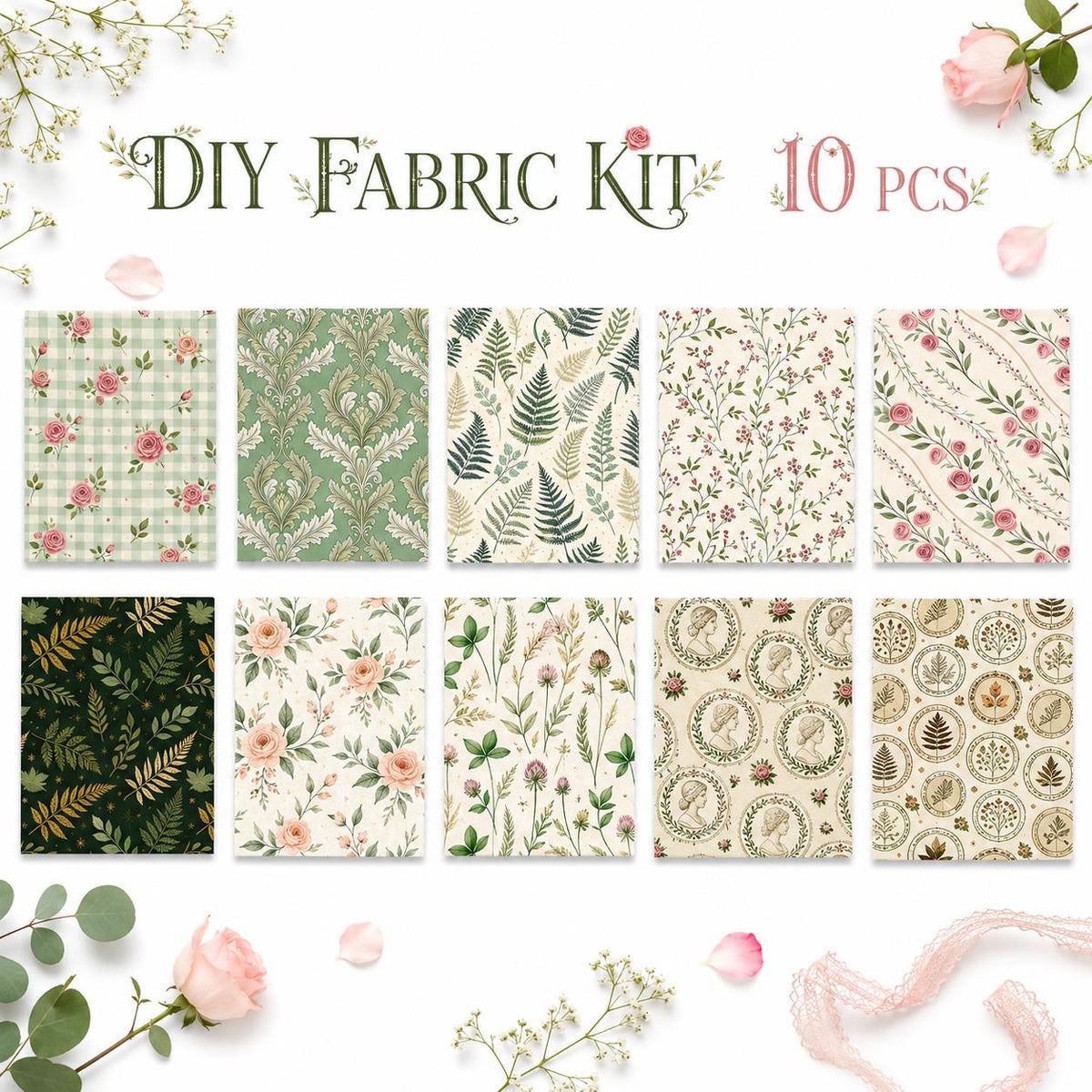10Pc/Set Flower Plaid Series Rose Tree Fat Quarter Fabric, Pre-Cut Square Fabric Assort, Fabric Set, Craft Fabric, Handmade DIY Patchwork Fabric,Home Quilting Sewing Fabric, Packaging Fabric, Scrapbooking Craft Hobbyist