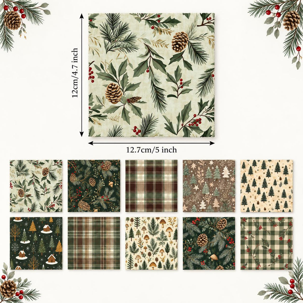10Pc/set Christmas Series plaid tree mushroom Holly Pinecones Fat Quarter Fabric, Pre-Cut Square Fabric Assort, Fabric Set, Craft Fabric, Handmade DIY Patchwork Fabric,Home Quilting Sewing Fabric, Packaging Fabric, Scrapbooking Craft Hobbyist