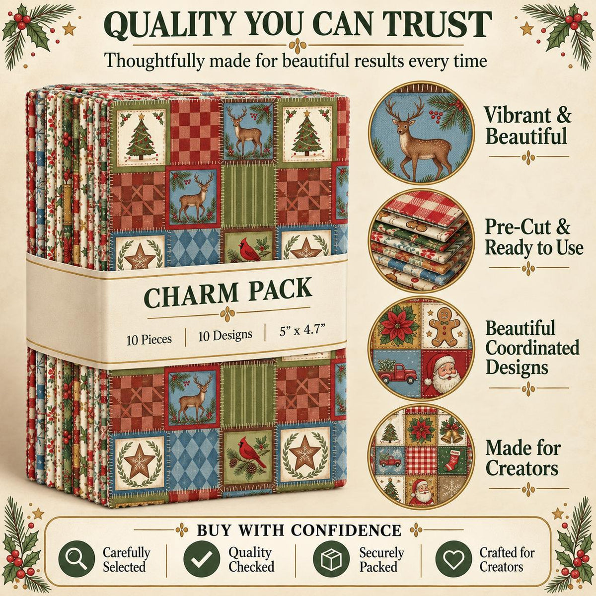 10Pc/Set Christmas Series Bowknot Flower Bell Star Plaid Deer Tree Mouse Holly House Pinecones Northern Cardinal Fat Quarter Fabric, Pre-Cut Square Fabric Assort, Fabric Set, Craft Fabric, Handmade DIY Patchwork Fabric,Home Quilting Sewing Fabric, Packagi