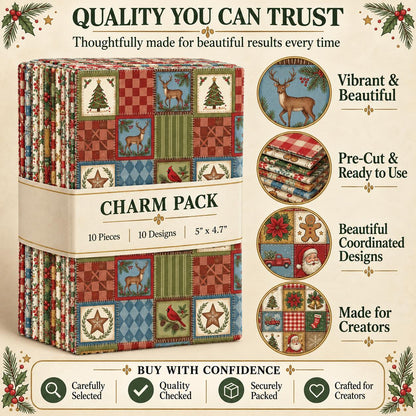 10Pc/Set Christmas Series Bowknot Flower Bell Star Plaid Deer Tree Mouse Holly House Pinecones Northern Cardinal Fat Quarter Fabric, Pre-Cut Square Fabric Assort, Fabric Set, Craft Fabric, Handmade DIY Patchwork Fabric,Home Quilting Sewing Fabric, Packagi