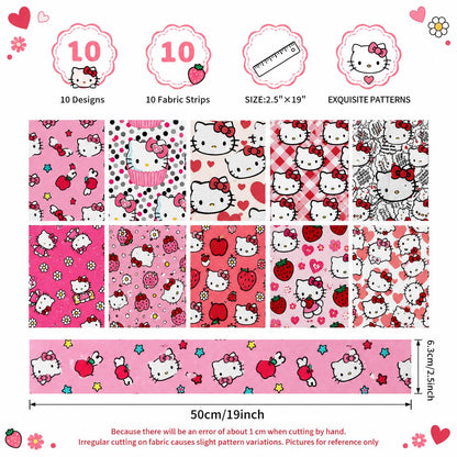 10pcs Vintage Kuromi Hello Kitty Halloween Pattern Jelly Roll Fabric Strips 2.5X19.7inch Pre-cut 100% Polyester for Patchwork Quilts, Table Runners, Placemats, Tote Bags, Storage Pouches, Makeup Bags, Coasters, Quilt Blocks & Binding