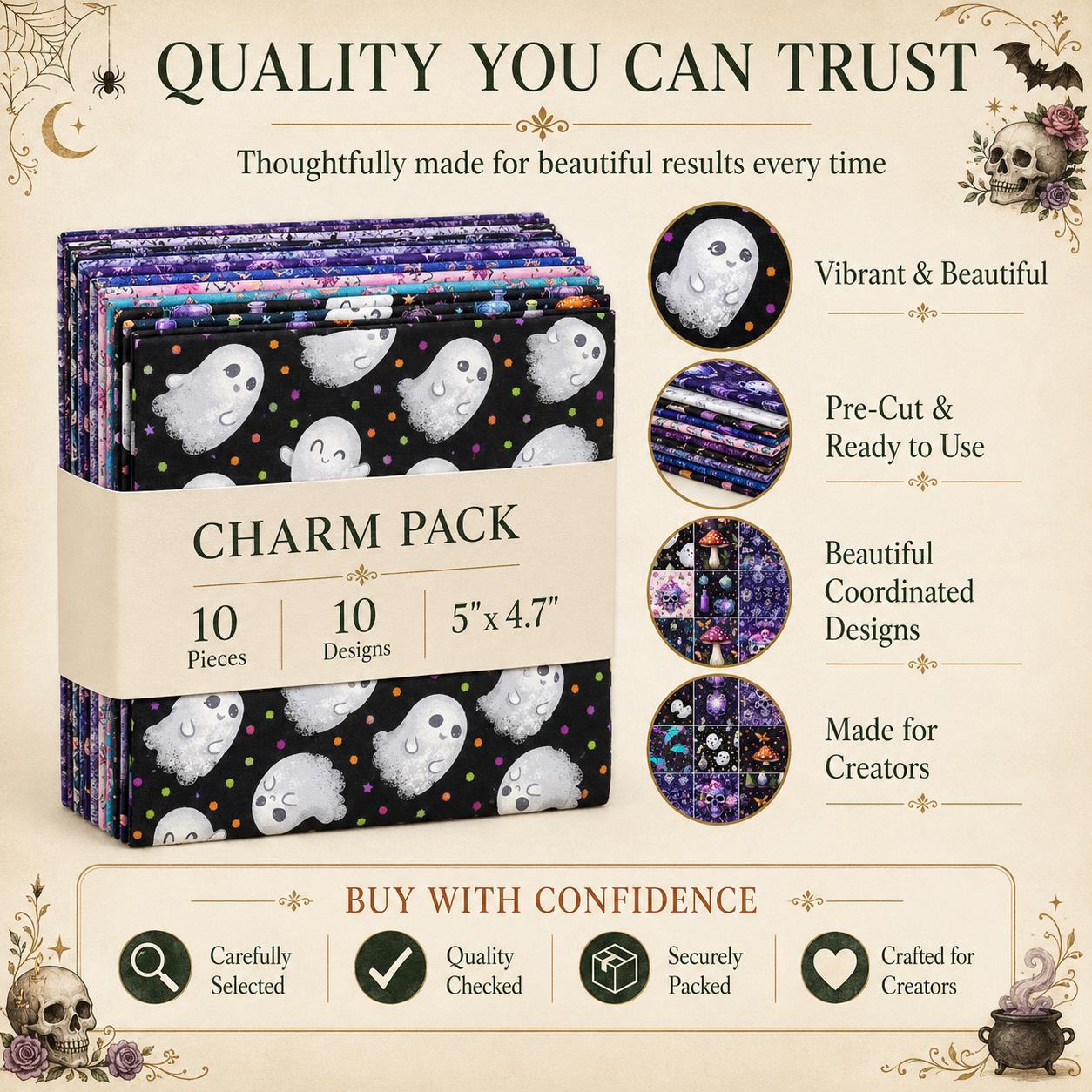 10Pc/Set Halloween Series Butterfly Heart Skull Pumpkin Cat Mushroom Rose Bat Fat Quarter Fabric, Pre-Cut Square Fabric Assort, Fabric Set, Craft Fabric, Handmade DIY Patchwork Fabric,Home Quilting Sewing Fabric, Packaging Fabric, Scrapbooking Craft Hobby
