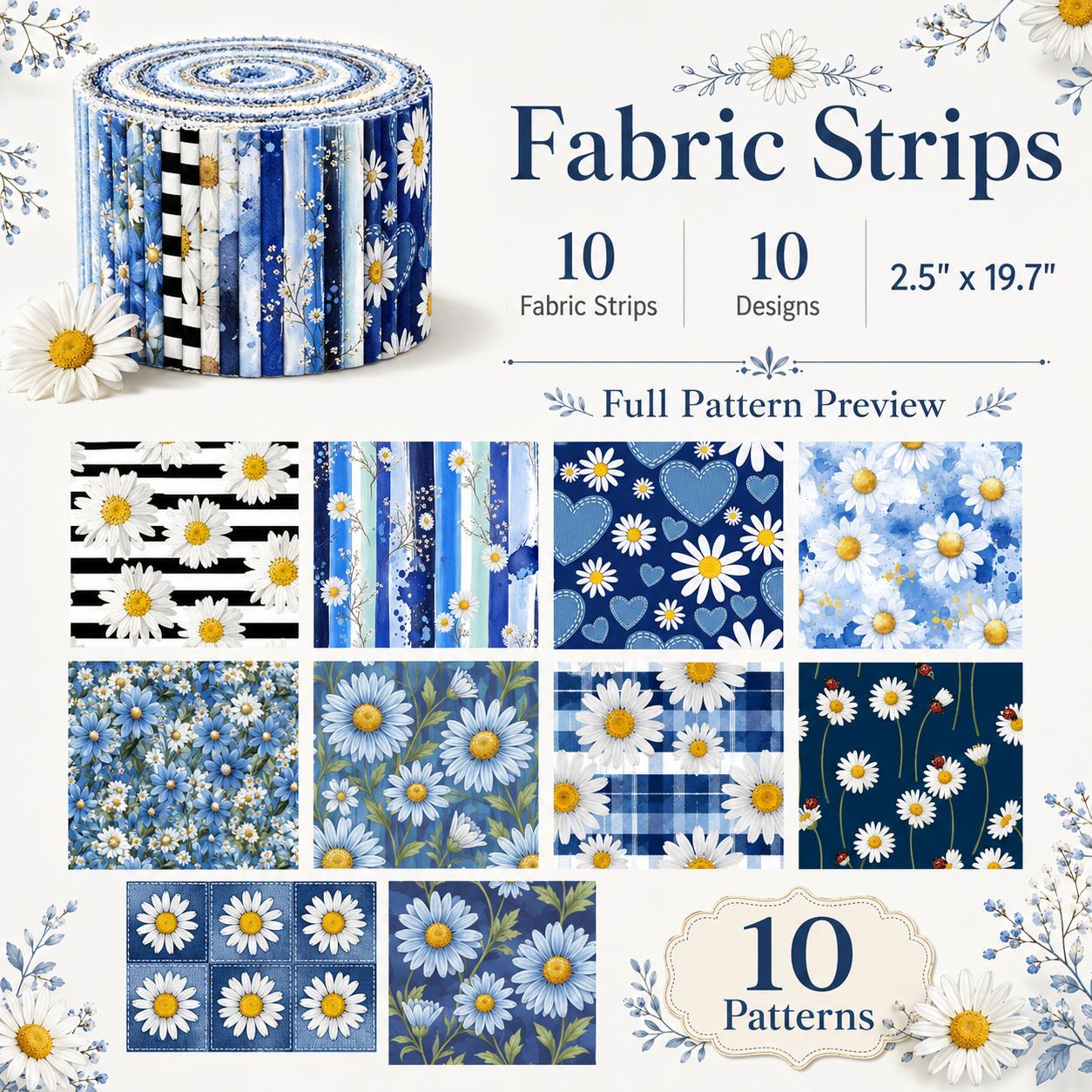 10pcs Vintage Daisy Floral Pattern Jelly Roll Fabric Strips 2.5X19.7inch Pre-cut 100% Polyester for Patchwork Quilts, Table Runners, Placemats, Tote Bags, Storage Pouches, Makeup Bags, Coasters, Quilt Blocks & Binding