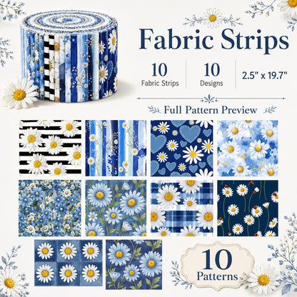 10pcs Vintage Daisy Floral Pattern Jelly Roll Fabric Strips 2.5X19.7inch Pre-cut 100% Polyester for Patchwork Quilts, Table Runners, Placemats, Tote Bags, Storage Pouches, Makeup Bags, Coasters, Quilt Blocks & Binding