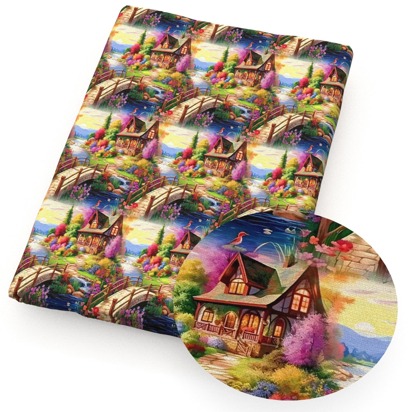 painting style house flowerfloral leaf leaves tree bird fabric