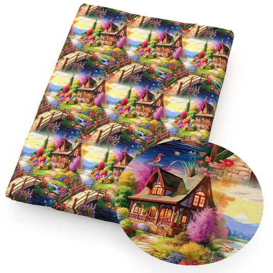 painting style house flowerfloral leaf leaves tree bird fabric