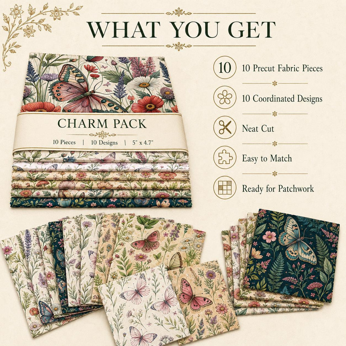 10pcs Charm Pack Set Floral Butterfly Pattern Vintage Style Handmade DIY with Rich Color and Texture Elements 100% Polyester Patchwork in 10 Design Styles Suitable for Patchwork DIY Craft Projects DIY Wallet Making Gift Giving Bag Making Mother's Day Gift
