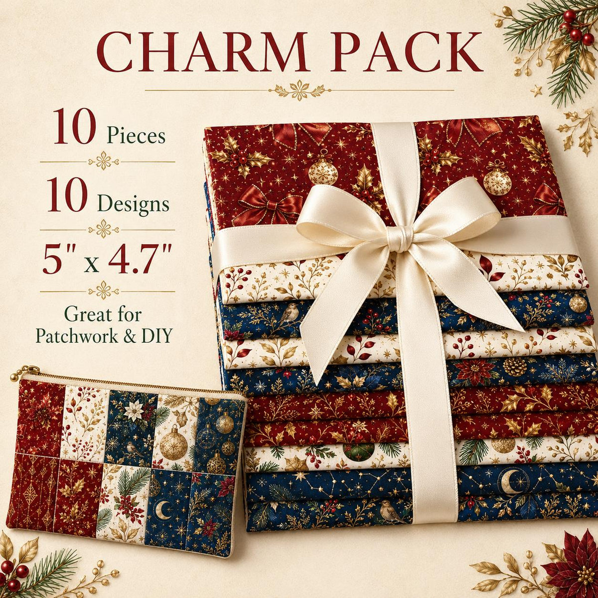 10pcs Charm Pack Set Christmas Pattern Vintage Style Handmade DIY with Rich Color and Texture Elements 100% Polyester Patchwork in 10 Design Styles Suitable for Patchwork DIY Craft Projects DIY Wallet Making Gift Giving Bag Making Mother's Day Gift