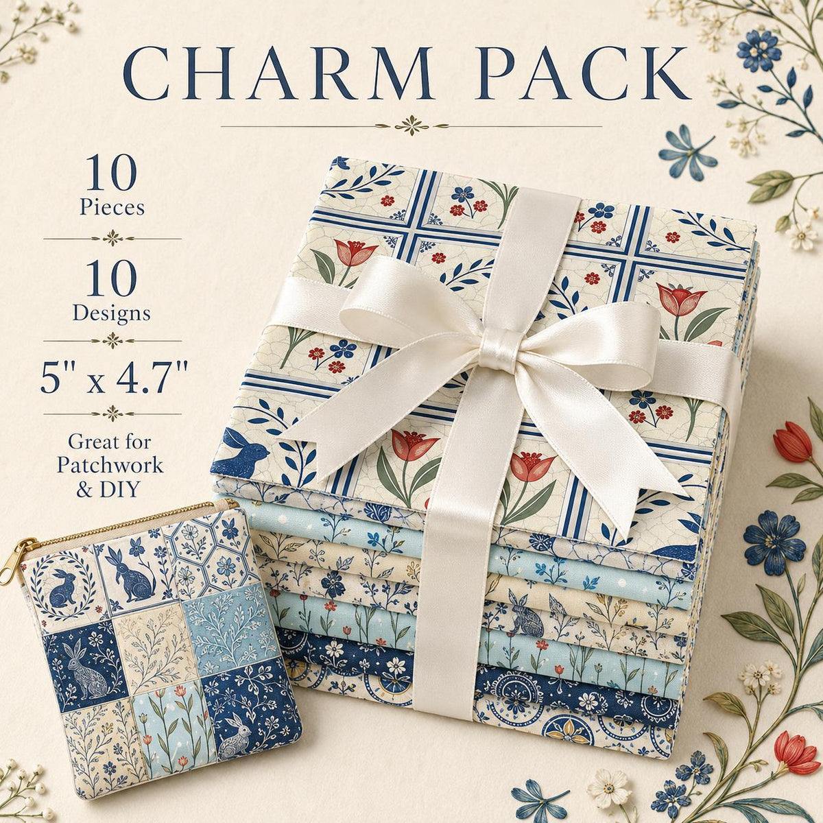 10pcs Charm Pack Set Floral Rabbit Vintage Style Pattern Handmade DIY with Rich Color and Texture Elements 100% Polyester Patchwork in 10 Design Styles Suitable for Patchwork DIY Craft Projects DIY Wallet Making Gift Giving Bag Making Mother's Day Gift