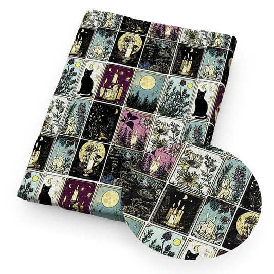 plaid grid cat moon candles sunflower tarot card fabric