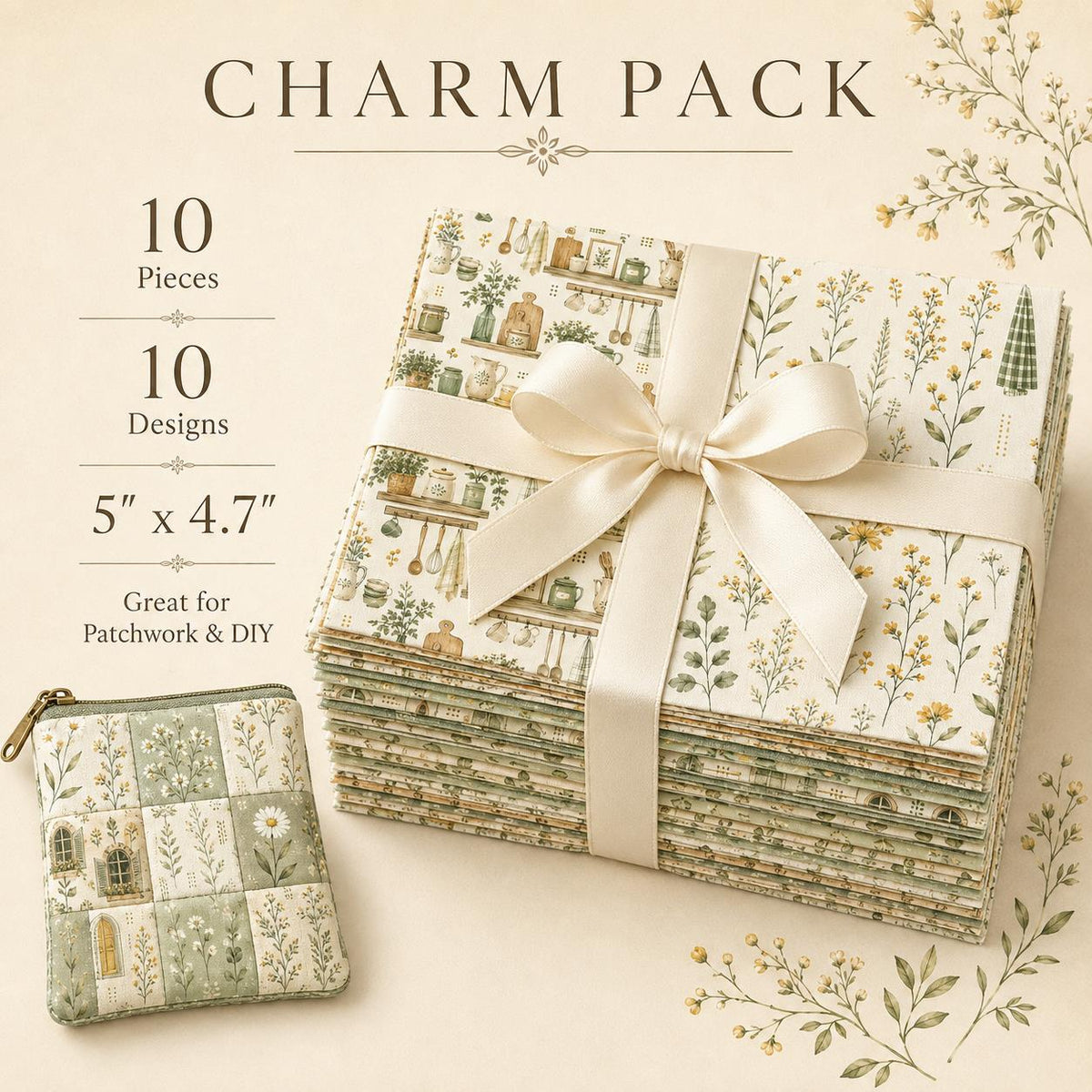 10pcS Charm Pack Set Plant Floral Pattern VIntage Style Handmade DIY With Rich Color and Texture Elements 100% Polyester Patchwork in 10 Design Styles Suitable For Patchwork DIY Craft Projects DIY Wallet Making Gift Giving Bag Making Mother's Day Gift