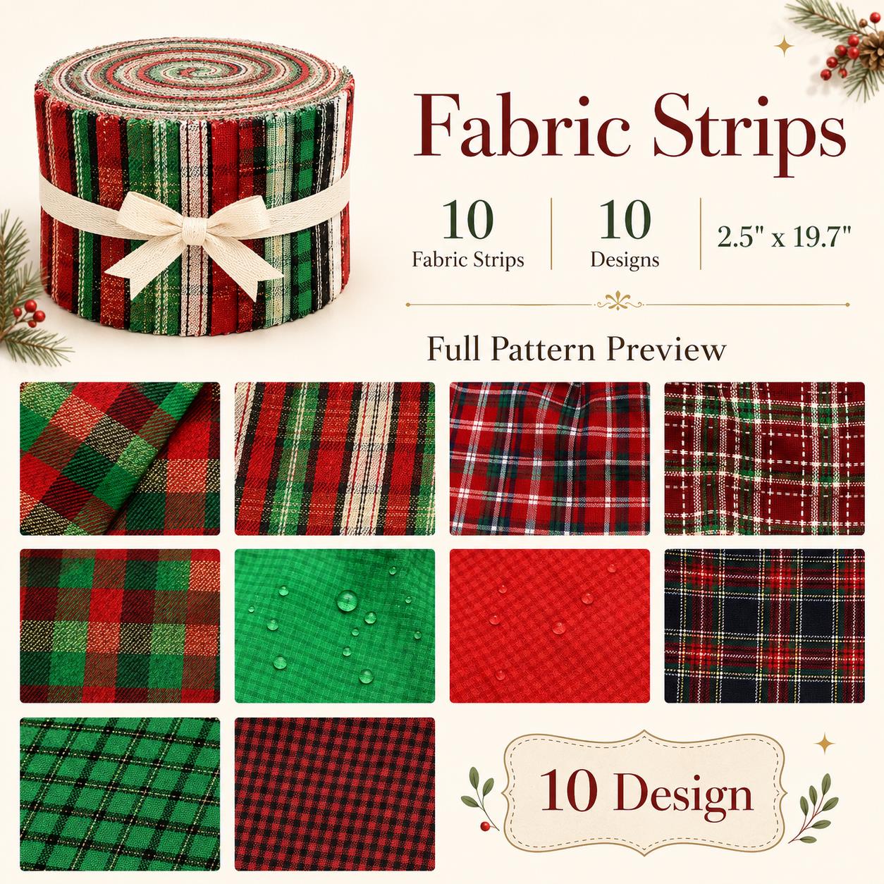 10Pc/Set, Making 10 Images 1pc Each, Each Size: 6.3*50cm Plaid Grid Christmas Series Sliced Fabric Set Style Combination, Polyester Jelly Roll Fabric Strips, Pre-Cut Quilting Squares, For Quilting DIY, Handicrafts And Sewing, Blankets, Rugs