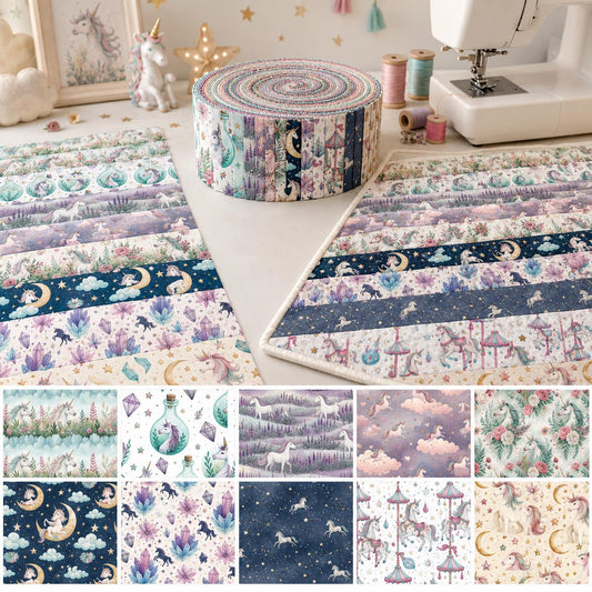 10pcs Vintage Unicorn Moon Pattern Jelly Roll Fabric Strips 2.5X19.7inch Pre-Cut 100% Polyester For Patchwork Quilts, Table Runners, Placemats, Tote Bags, Storage Pouches, Makeup Bags, Coasters, Quilt Blocks & Binding