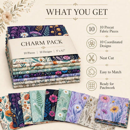 10pcs Charm Pack Set Floral Pattern Vintage Style Handmade DIY with Rich Color and Texture Elements 100% Polyester Patchwork in 10 Design Styles Suitable for Patchwork DIY Craft Projects DIY Wallet Making Gift Giving Bag Making Mother's Day Gift